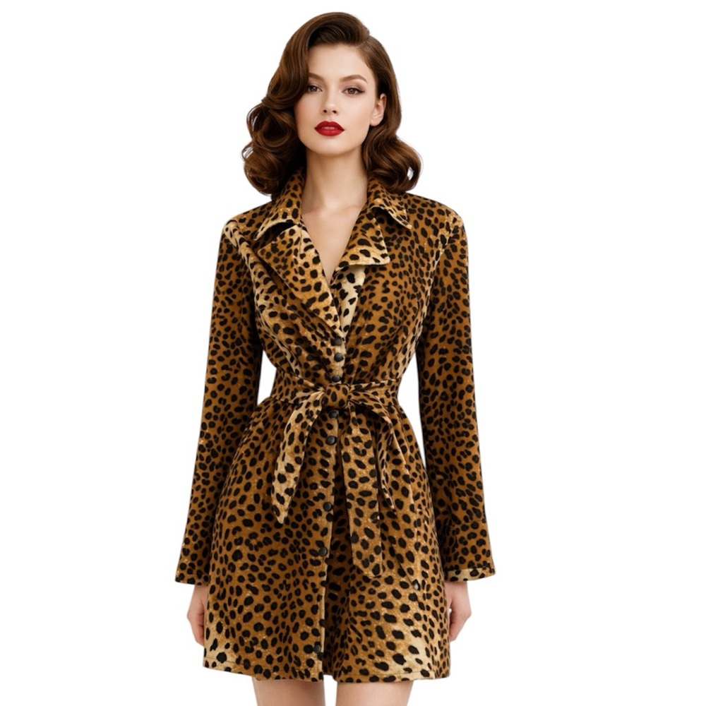 Deviations Dress in Peace Leopard Faux Fur Belted Coat Vintage Mob Wife Glam